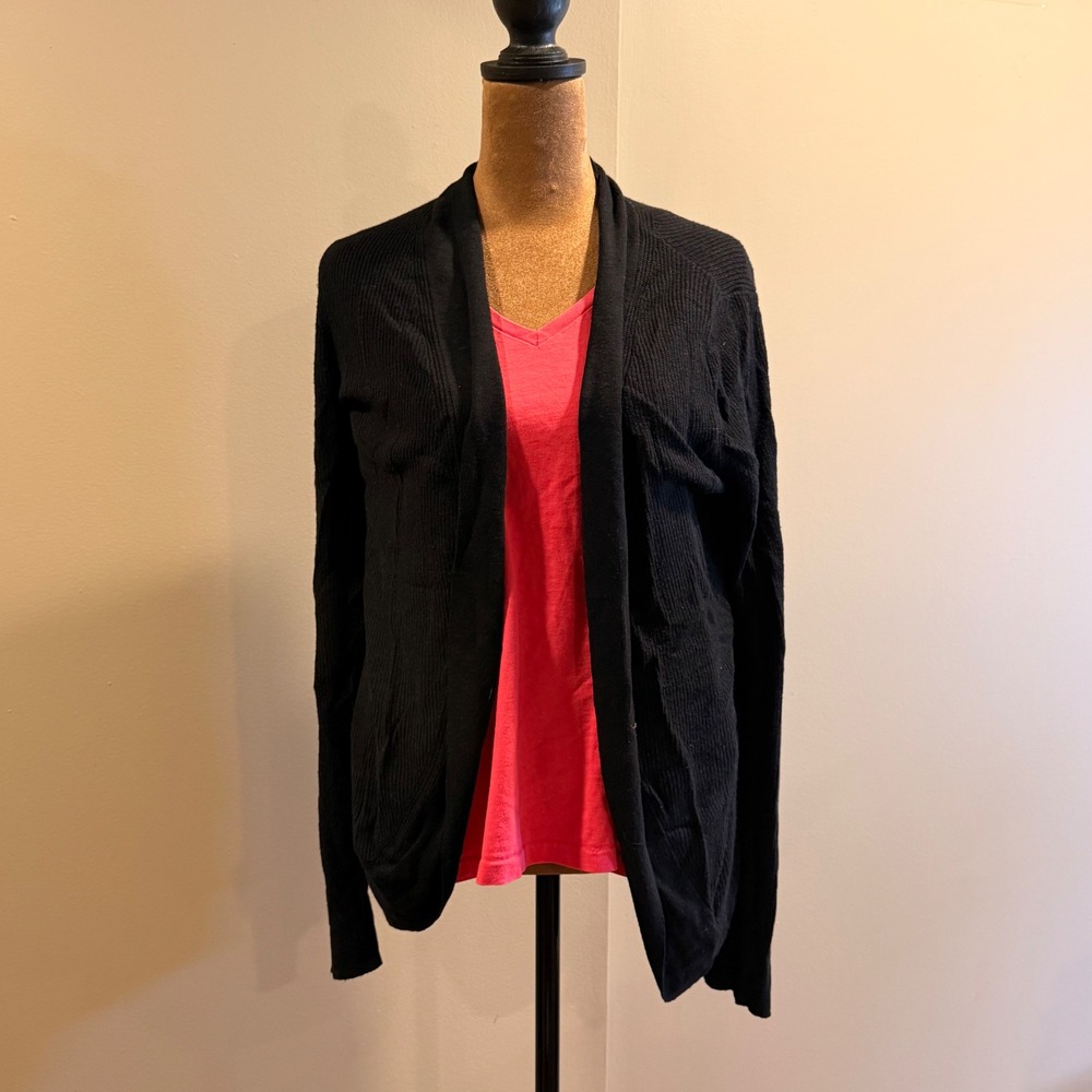 A New Day Cardigan Womens M Black Ribbed Open Front Layering Minimalist Office